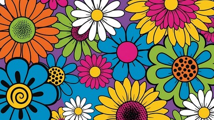 Colorful retro flower pattern with bold cartoon floral design