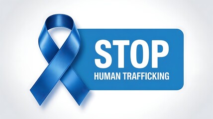 A striking visual representation conveys a powerful message featuring a blue ribbon and a bold stop sign raising awareness for human trafficking