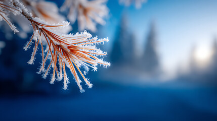 Frost-covered pine branch glistens in the sunlight, capturing the beauty of winter's chill in a serene landscape.
