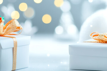 Glistening holiday gifts adorned with golden ribbons, set against a soft, blurred backdrop of festive lights and winter ambiance.