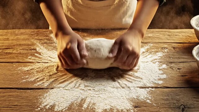 Close-up of hands kneading dough on a rustic wooden table, flour dusting the surface.