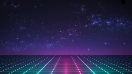 A retro wave aesthetic shows a dark starry night sky above a glowing horizon with neon grid lines high quality professional