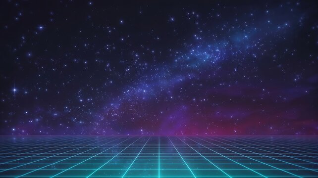 a vibrant and colorful depiction of the night sky with a glowing grid landscape stretching into the horizon high quality professional