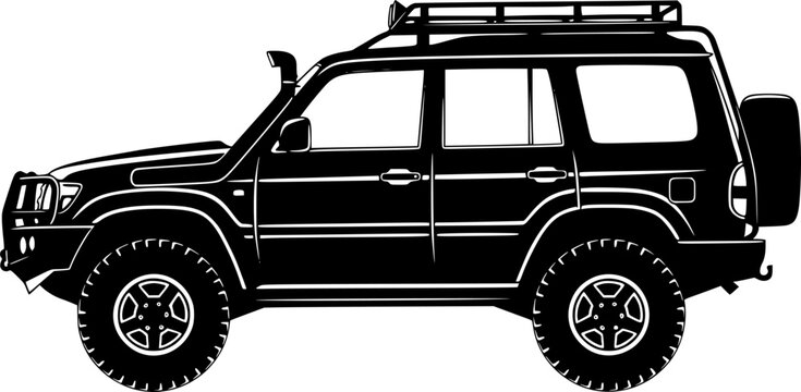 Off-road vehicle icon. Suv. Black silhouette. Side view. Vector
