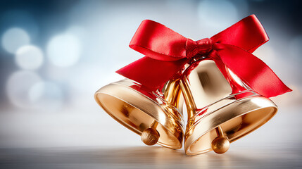 Shimmering golden bells adorned with a vibrant red ribbon, perfect for festive celebrations and holiday decorations.
