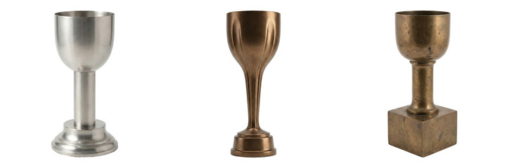 Three metal trophies in gold, silver, and bronze, perfect for awards and recognition, standing out on a transparent background, evoking a sense of achievement and celebration