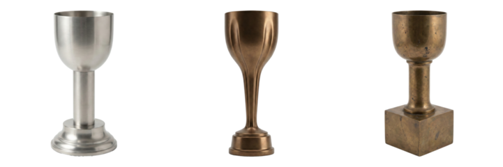 Three metal trophies in gold, silver, and bronze, perfect for awards and recognition, standing out on a transparent background, evoking a sense of achievement and celebration