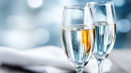 Two elegant champagne flutes filled with sparkling wine, set against a soft blurred background, perfect for celebrations.
