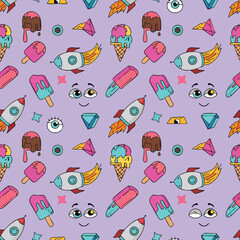 Whimsical Cartoon Pattern of Ice Creams Rockets and Fish.