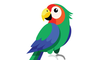 Naklejka premium A cheerful, brightly colored cartoon parrot stands proudly, displaying its vivid green, blue, red, and yellow plumage. This charming tropical bird