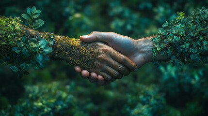Two hands shake in a lush green environment, symbolizing unity and collaboration with nature.