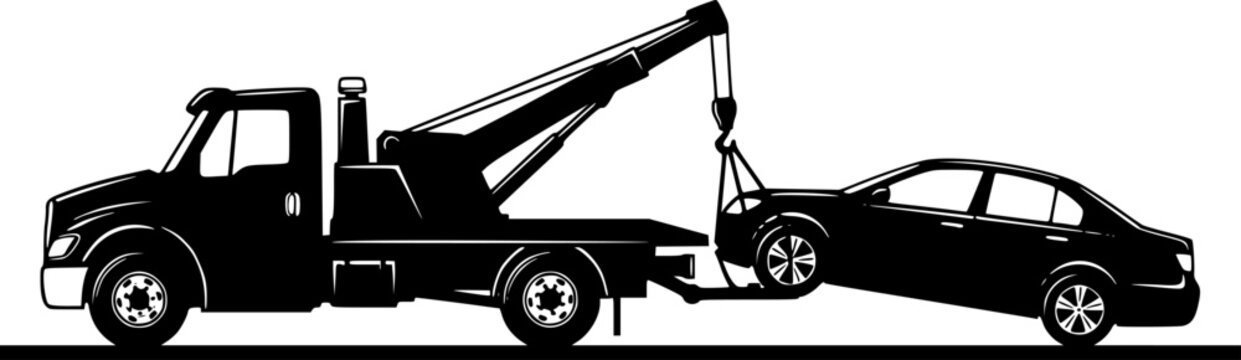 simple tow truck towing broken down car silhouette side view icon symbol transparent background
