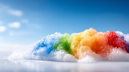 Vibrant rainbow clouds made of colorful foam float against a bright blue sky, evoking a sense of playfulness and joy.