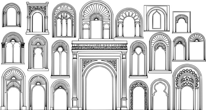 Art deco arch window and door frames, entrance doorways and gateway, vector architectural line drawing. Ancient classic architecture arch doors with arcs of Medieval temple, palace or mosque doorways