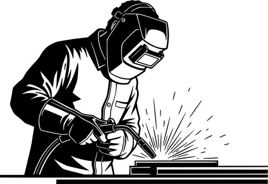 Industrial welder worker with mask and torch manufacturing concept black and white vector icon
