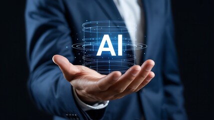 A professional in a dark suit presents a glowing circular data visualization of ai in the palm of their hand symbolizing innovation