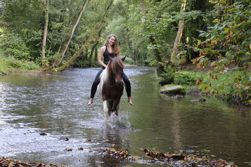 Attraktive junge Frau reitet auf Ihrem Pferd durch kleinen Fluss