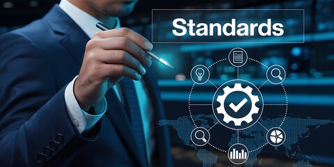 A professional businessman contemplates digital standards and quality control elements projected from a glowing interface screen suggesting innovation and precision