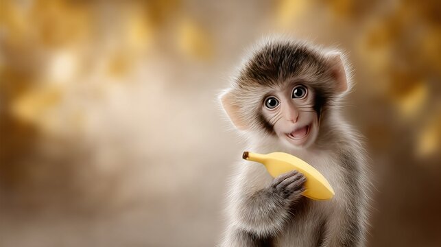   A monkey in shock holds a banana