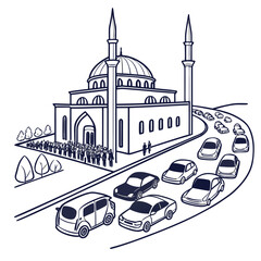 Title: A detailed of a mosque with domes and minarets with people gathered outside and cars © Abubakkar