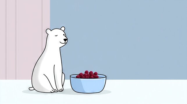  A polar bear sat in front of two bowls of raspberries