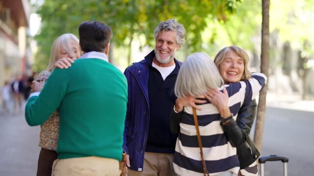 Cheerful group of senior friends happily greeting and embracing each other. Emotional reunion of mature people meeting outdoors on a sunny day