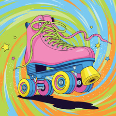 Vibrant Pink Roller Skate with Blue Wheels and Yellow Laces.
