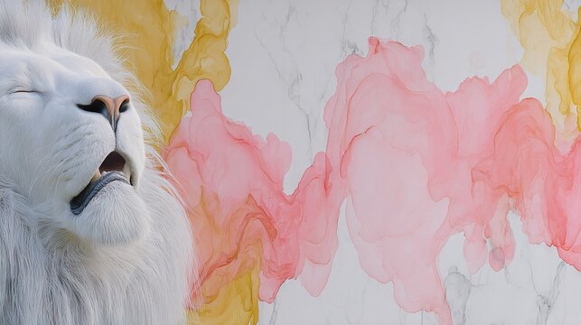   A white polar bear stands before a wall adorned with a painting on its face, with its mouth agape