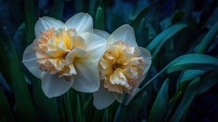 Obraz premium Two white and yellow flowers with green leaves in front of a blue background