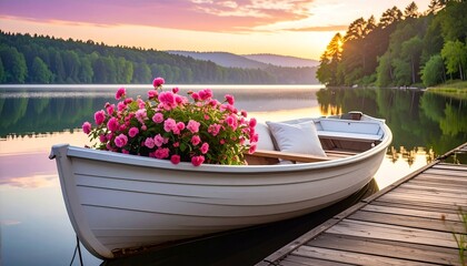 Romantic Rowboat on Calm Lake at Sunrise for Leisure Photography and Nature-Inspired Travel Inspiration