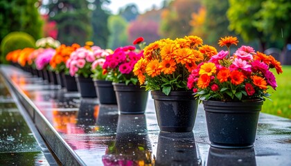 Colorful Flower Pots on Memorial Granite Surface for Cemetery Tribute Photography and Remembrance Visual Inspiration