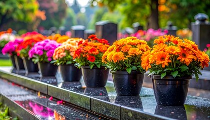 Colorful Flower Pots on Memorial Granite Surface for Cemetery Tribute Photography and Remembrance Visual Inspiration