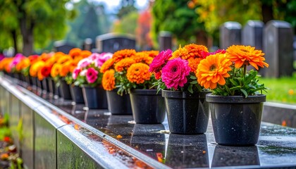 Colorful Flower Pots on Memorial Granite Surface for Cemetery Tribute Photography and Remembrance Visual Inspiration