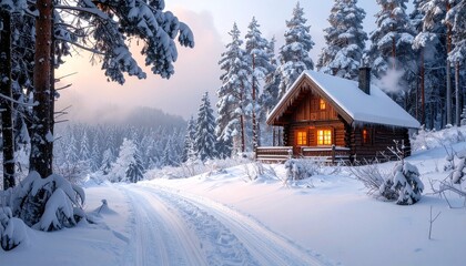 Cozy Cabin in Snowy Forest at Sunrise for Winter Retreat Photography and Peaceful Nature Escape Inspiration