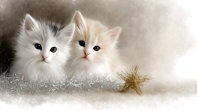   A pair of kittens lounging on a silver tinsel bed alongside a Christmas tree
