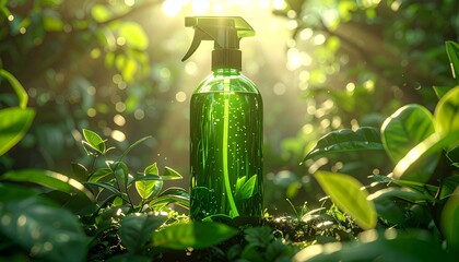 Green Spray Bottle in Sunlit Foliage for Eco-Friendly Gardening and Plant Care Visual Inspiration