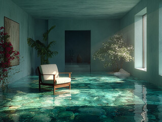 Surreal teal interior with a flooded floor of crystal clear water, armchair and sunlight in a dreamlike room