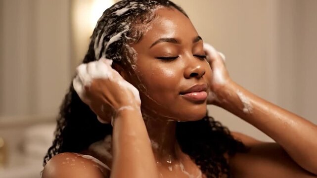 A person washes their hair with eyes closed, soap bubbles, in a beige-toned bathroom