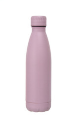Minimal pastel pink reusable metal water bottle isolated on white background, modern eco friendly drink container mockup.
