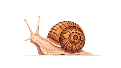 Graceful garden snail showcasing a beautifully patterned spiral shell, meticulously rendered in vector art, slowly glides across a pristine white