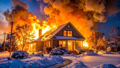 House Engulfed in Flames Amid Snowy Night for Emergency Response Awareness and Fire Safety Visual Impact