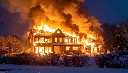 House Engulfed in Flames Amid Snowy Night for Emergency Response Awareness and Fire Safety Visual Impact
