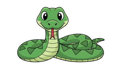 A vibrant emerald green cartoon serpent with a friendly demeanor and captivating dark eyes poses gracefully, displaying its distinct patterned