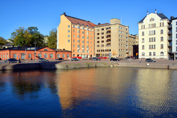 Obraz premium Pohjoisranta is located in center and runs along northern harbor of Helsinki Finland. On waterfront there are houses built in different architectural styles in different historical periods