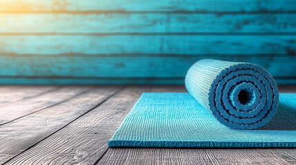 Fitness Concept with Blue Yoga Mat on Natural Wooden Floor