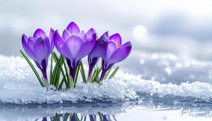Purple crocus flowers emerging through snow with mountain backdrop showcasing spring renewal and natural resilience