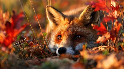 Obraz premium Close-up shot of a fox on the ground amidst grass and leaves, with its eyes open