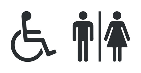 Accessible restroom signage depicting wheelchair male and female symbols for public facilities
