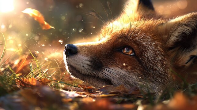   A fox's face close-up in a grass field under the shining sun