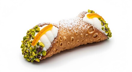 Delicious Italian Cannolo with Pistachios and Candied Orange Peel on White.